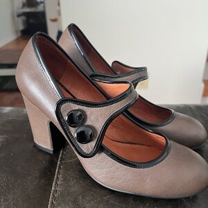 Jeffrey Campbell 8.5 taupe with black trim Mary Janes heels